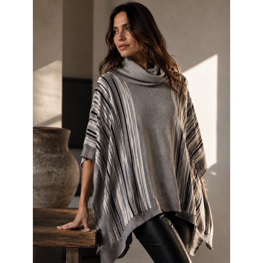 Joseph A Woman 1X Gray Striped Knit Poncho Cowl Neck Tunic Sweater Plus